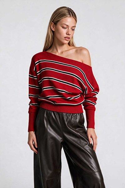Lovelyİstanbul Boat Neck Striped Knitwear Sweater 4437 Lki̇0071 Red Ecru