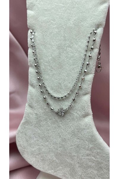 BİJU YILMAZ Silver Double Chain Floral Anklet26Hal12