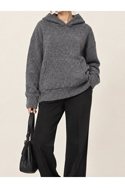 LEA Kadın Antrasit Yün İçerikli Oversize Kapüşonlu Triko Sweatshirt-Premium K...