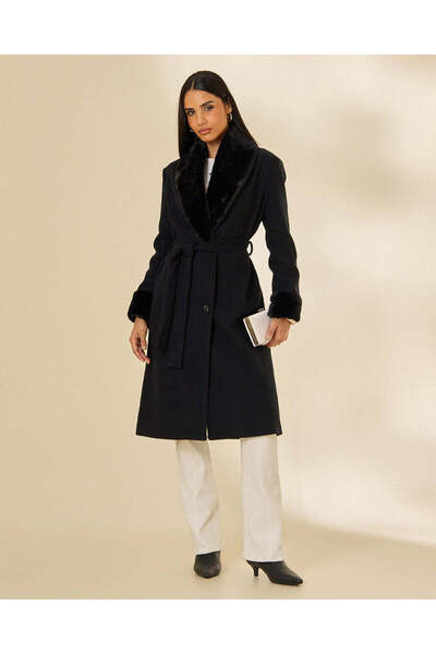 REDTAG Women Black Plain Faux Fur Belted Coat