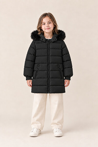 EA LİNE Girl's Fur Detailed Hooded Long Winter Puffer Coat - Black
