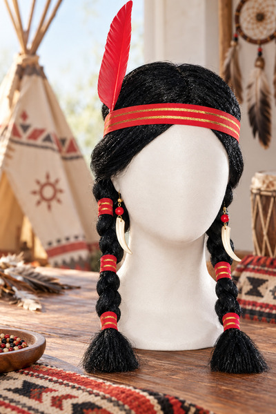 Yenilig 2 Pieces Feathered Braided Indian Wig – Native American Inspired Brai...