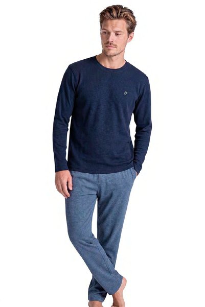 Pierre Cardin 6145 Men's Long Sleeve Crew Neck Pajama Set - Navy Blue