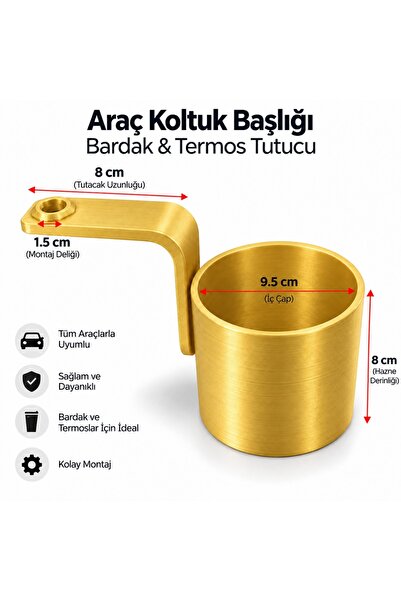 PİYATECH In-Car Cup Holder - Snap-On Thermos Bottle Hanger Organizer for Seat Back Headrest - Gold