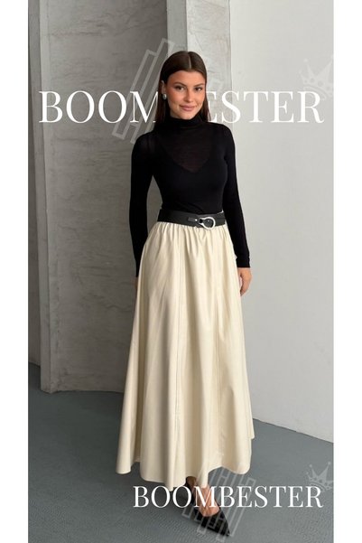 BoomBester Fusta de damă din piele cu talie înaltă, cu detaliu curea tip inel, lungime maxi, croială clopot - Design premium