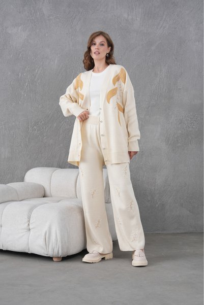 Moda Neval Women's Embroidered Wide Fit Knitwear Cardigan Pants Bottom Top Set