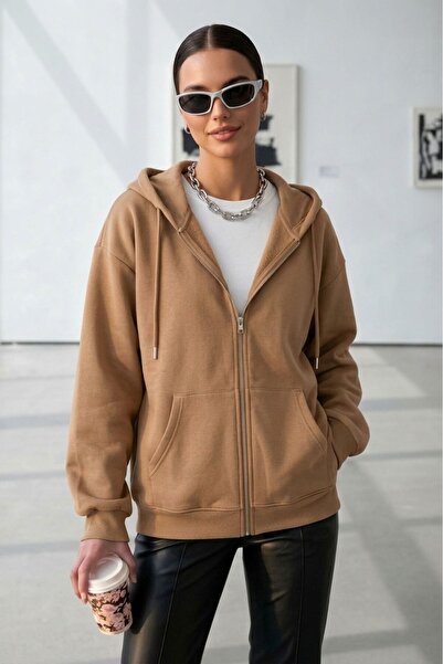 NO 601 Women's Camel Winter Fleece Lined Hooded Zippered Cardigan Jacket