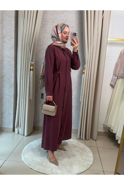 Mimoza Butik Tığ Triko 7016 Ayarlanabilir Bel Gömlek Yaka Elbise Bordo