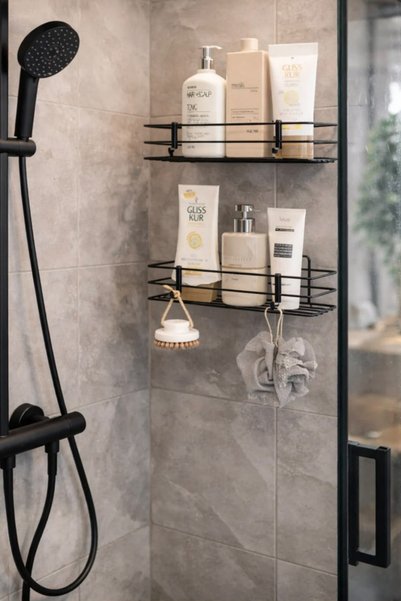 UG Home 2 Pcs Black Bathroom Shelf with 4 Plastic Black Plastic Hooks Shower Shelf Bathroom Kitchen Shelf Organizer