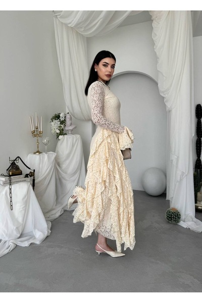 BE DRESS Kat Kat Volanlı Dantel Uzun Kollu Uzun Elbise