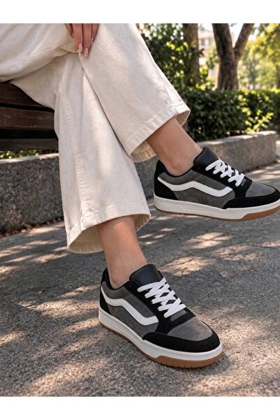 en7 Siyah Füme Unisex Günlük Sneaker Spor Ayakkabı Kalın Taban Bağcıklı Süet Detaylı Rahat Şık Ayakkabı 2608