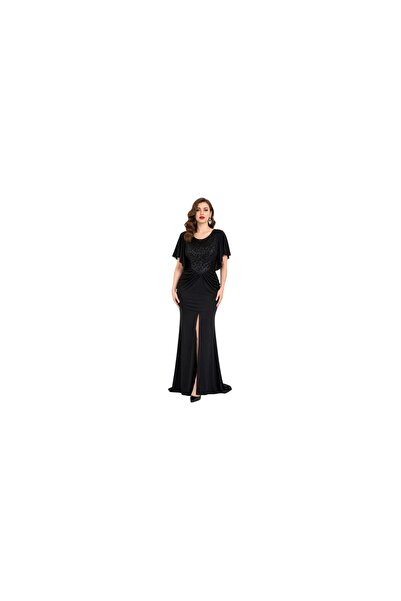 FAV Long black dress with delicate embroidery FAVANA butterfly sleeve