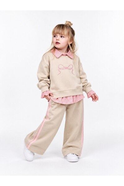 Toi Kids KIZ ÇOCUK FİYONK NAKIŞ DETAYLI ve BİRLEŞİK GÖMLEK YAKA ALT ÜST TAKIM