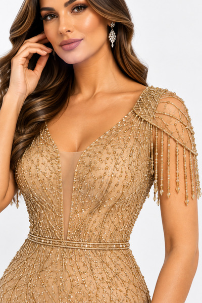 Lovely Dress Büyük Beden Payetli Abiye Elbise – V Yaka Boncuk İşlemeli Püskül...