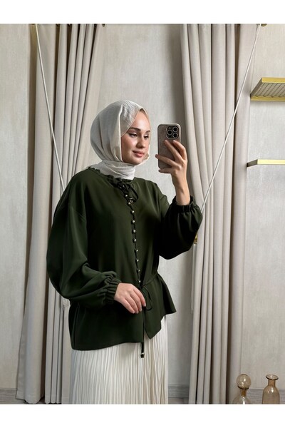 Ghisa 4479 Yaka Ve Bel Büzgü Detay Tunik Haki