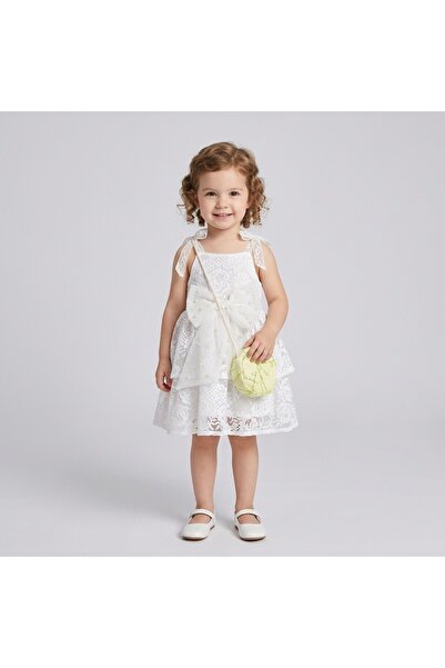 Cumino Girls' White Lace Dress with Shoulder Straps and Side Ties and Flared ...