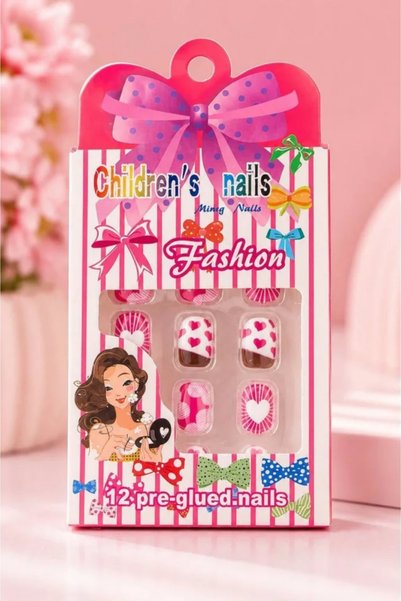 Le Mabelle Pembe Kalp Desenli Kız Çocuk Takma Tırnak