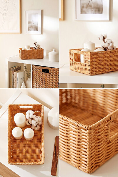 Ocean Home Textile Yıkanabilir Bej PP Rattan Dolap İçi Çamaşır Çocuk Odası Oyuncak Düzenleyici Saklama Sepeti Organizer 30x20x11