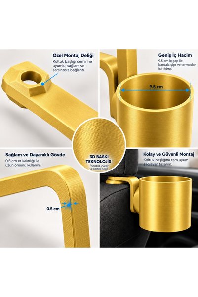 PİYATECH In-Car Cup Holder - Snap-On Thermos Bottle Hanger Organizer for Seat Back Headrest - Gold