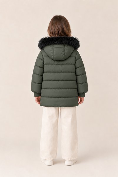 EA LİNE Girl's Fur Detailed Hooded Long Winter Puffer Coat - Khaki