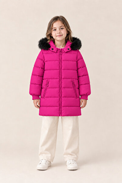 EA LİNE Girl's Fur Detailed Hooded Long Winter Puffer Coat - Cherry