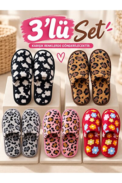 Babetty 3’lü Set Peluş Ev Terliği Yumuşak Tüylü Desenli Sıcak Kışlık Ev İçi Panduf Terlik Karışık Renk