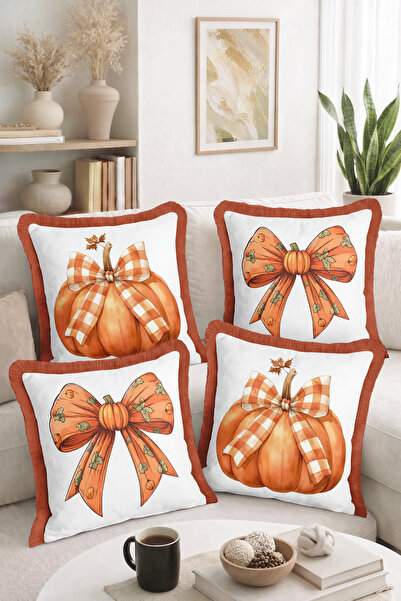 Home Pumpkin and Plaid Bow Patterned Fall-Themed 4-Piece Fringed-Tasseled Thr...