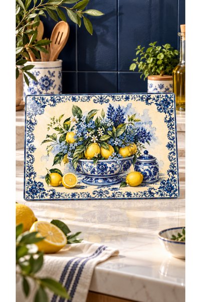 Decorita Cam Kesme Tahtası - Cam Kesme Tablası | Mavi Çini Tabağı Limon Desenli |20cm x 30cm