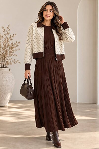 ikomteks Zigzag Patterned Cardigan Detailed Pleated Maxi Dress Set
