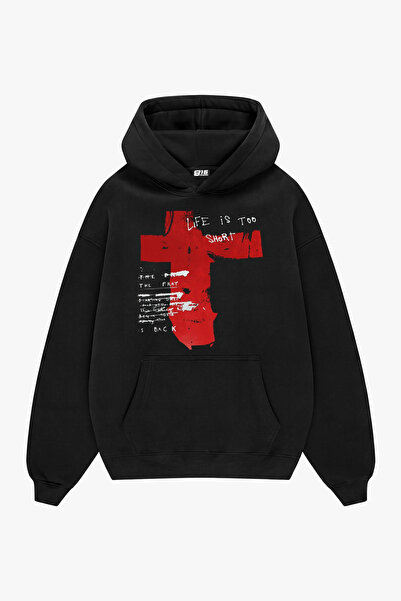 Sekizbiraltı Life Is Too Short Baskılı Siyah Oversize Unisex Hoodie