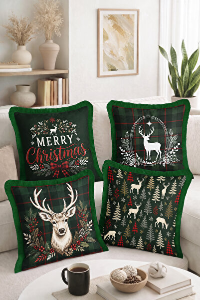 Home Merry Christmas Written Deer Figured Plaid and Pine Tree Patterned 4-Pie...