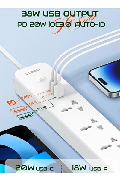 LDNIO Universal Power Extension strip with 5 Outlet and 38W usb and 20W type c USB Out Put Power extension socket With 2M Power Cord ECAS Certified UAE