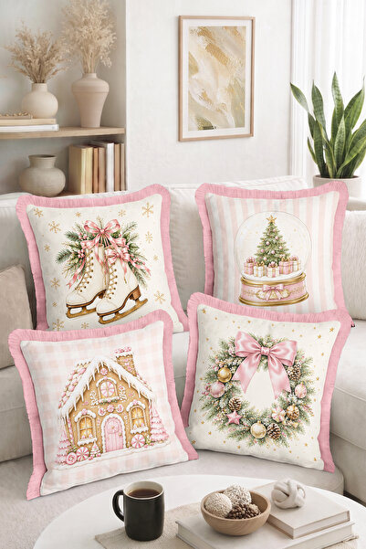Home Christmas Themed 4-Piece Fringed-Tasseled Throw Pillow with Ice Skates, ...