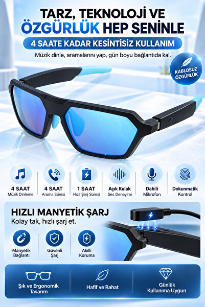 Chunky Frame Bluetooth Müzik Arama Özellikli Açık Kulak Ses Deneyimli, Dahili Mikrofonlu, Dokunmatik Kontrollü ve Sesli Asistan Uzaktan Kontrol Destekli Aynalı Güneş Gözlüğü