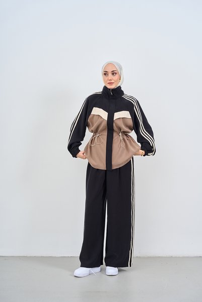 LOCCO Women's Stripe Detail Adjustable Waist Hidden Zipper Suit Black