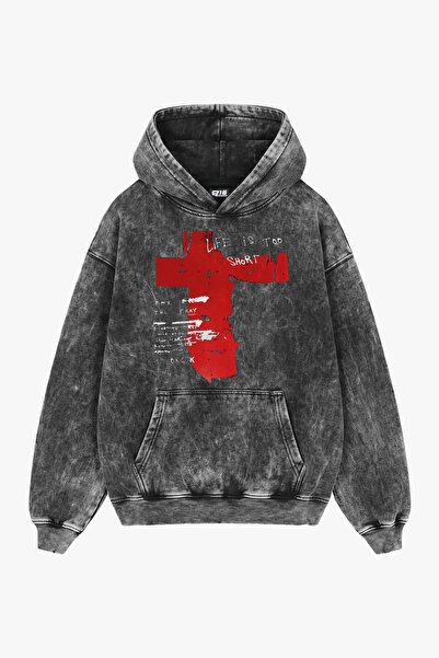 Sekizbiraltı Life Is Too Short Baskılı Yıkamalı Siyah Oversize Unisex Hoodie