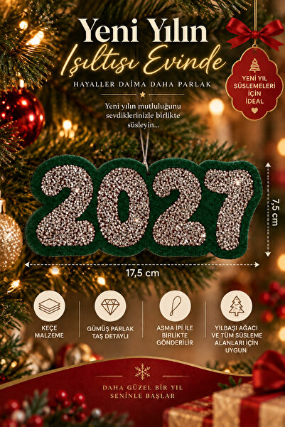 Taşteks 2027 Taşlı Keçe Yılbaşı Ağacı Süsü – Gümüş Parlak Taşlı Yeni Yıl Dekoru