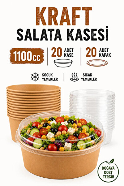 Ezupack 1100 cc Kraft Bowl Salata Diyet Kasesi Kapaklı 20 Adet Büyük Boy Yuva...