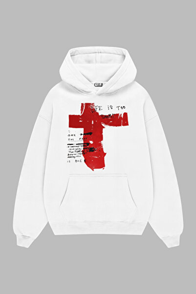 Sekizbiraltı Life Is Too Short Baskılı Beyaz Oversize Unisex Hoodie