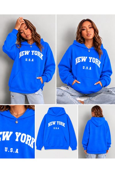 HAI COLLECTİON Women's Sweatshirt New York Printed 3 Thread Hooded Oversize H...