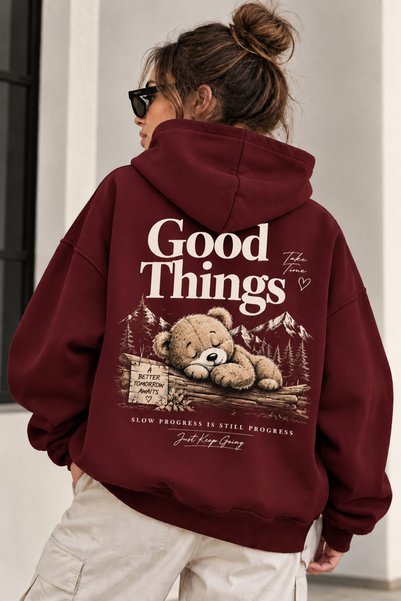 dwnwear Oversize Hoodie Unisex Hooded Sweatshirt with Back Print Teddy Bear