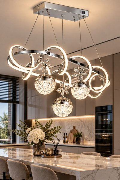 Ulucam Aydınlatma Modern Gümüş LED Avize 3 Renk Işıklı Yemek Masası Salon Avi...