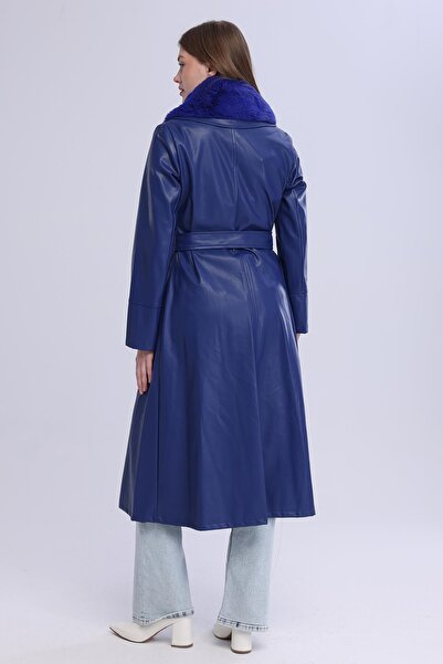 Select Moda معطف نسائي طويل من القطيفة ذو ياقة جلدية
