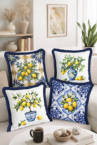 Home Lemon and Blue White Tile Patterned Citrus Motif 4-Piece Fringed-Tassele...