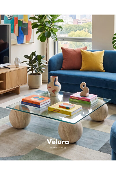Velura Home & Living Küre Orta Sehpa - Aytaşı Mermer - Kare Şeffaf