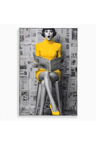 Luxcanva Tablou Canvas Femeie Citind Ziarul 70x100 cm cu Rama Argintiu Galben...