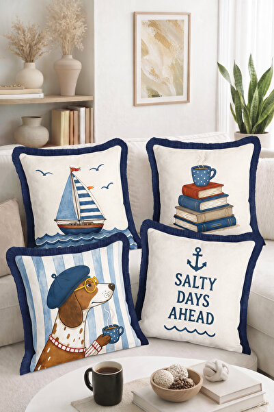 Home Sea-Themed Sailing Dog and Salty Days Ahead Patterned Decorative 4-Piece...