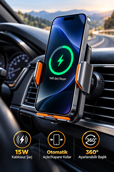 Merwish Kablosuz Şarjlı, Araç Telefon Tutucu Otomatik Açılır Kapanır 360° Aya...