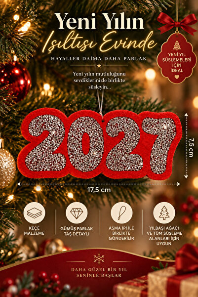 Taşteks 2027 Taşlı Keçe Yılbaşı Ağacı Süsü – Gümüş Parlak Taşlı Yeni Yıl Dekoru