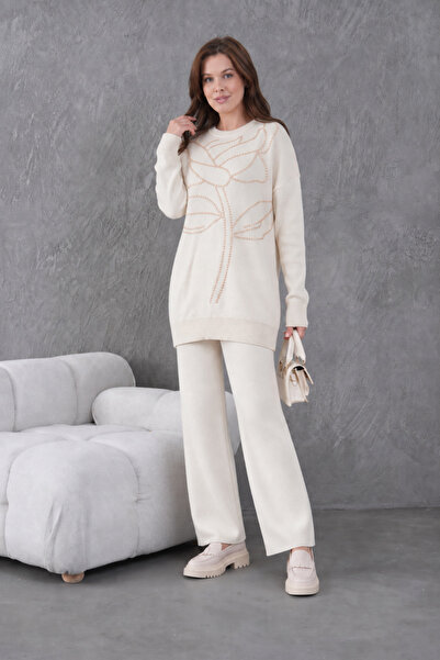 Moda Neval Women's Embroidered Loose-Fit Knitwear Sweater and Trousers Two-Pi...
